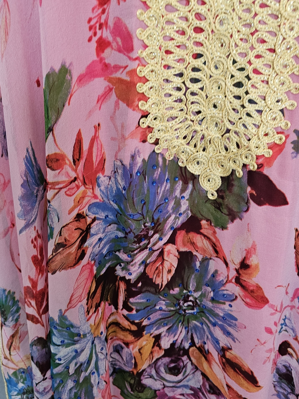 Silk Chiffon Pink Floral Maxi Caftan with Gold Crochet V-Neck - Picture 5 of 10
